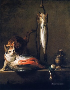 動物 Painting - 鮭と猫 2 つのサバの乳棒とすり鉢 ジャン・バティスト・シメオン・シャルダン